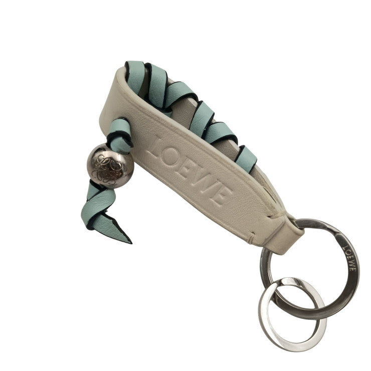 LOEWE ロエベ バッグチャーム CROSS BRAIDED KEY RING C621231X04 ホワイト ライトブルー系 レザー ユニセックス キーホルダー キーリング シルバー金具 美品