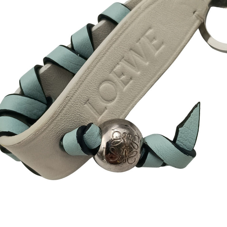 LOEWE ロエベ バッグチャーム CROSS BRAIDED KEY RING C621231X04 ホワイト ライトブルー系 レザー ユニセックス キーホルダー キーリング シルバー金具 美品