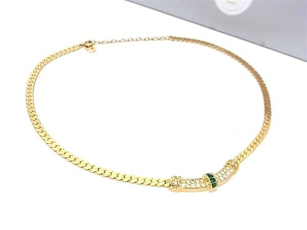 Christian Dior ディオール ネックレス ゴールド グリーン系 メタル ラインストーン レディース 喜平 チョーカー 美品