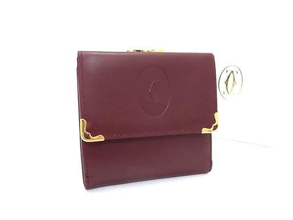 Cartier カルティエ 三つ折り財布 マストライン L3000039 ボルドー系 カーフレザー レディース がま口 美品