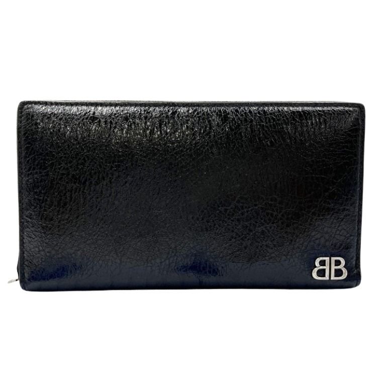 BALENCIAGA バレンシアガ 長財布 Monaco コンチネンタルウォレット 766560 ブラック系 レザー メンズ ラウンドファスナー BB ロゴ シルバー金具 超美品