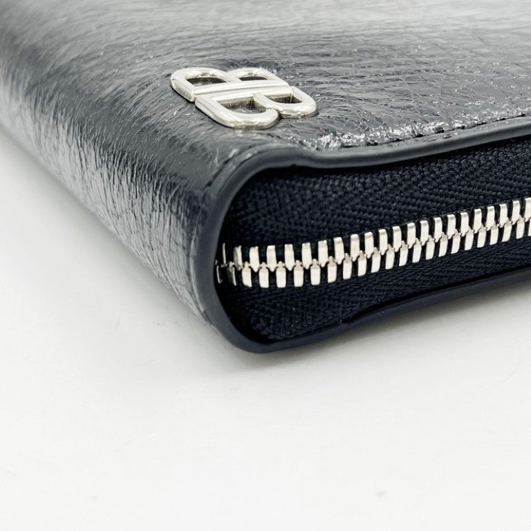 BALENCIAGA バレンシアガ 長財布 Monaco コンチネンタルウォレット 766560 ブラック系 レザー メンズ ラウンドファスナー BB ロゴ シルバー金具 超美品