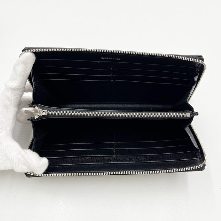 BALENCIAGA バレンシアガ 長財布 Monaco コンチネンタルウォレット 766560 ブラック系 レザー メンズ ラウンドファスナー BB ロゴ シルバー金具 超美品