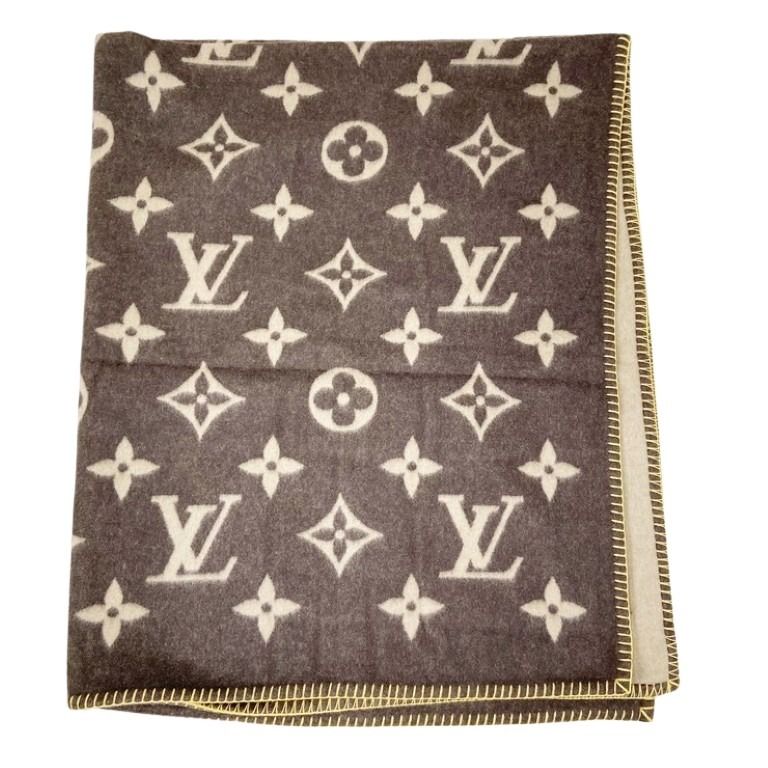 LOUIS VUITTON ルイヴィトン ブランケット ラグ モノグラム M92067 ブラウン系 ウール75% アンゴラ25% レディース ひざ掛け 美品