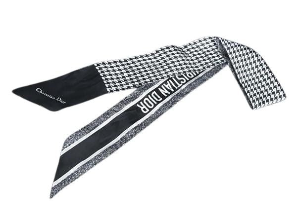 ChristianDior ディオール リボンスカーフ モンテーニュ30 ミッツァ ブラック系×ホワイト系 シルク100% レディース 美品
