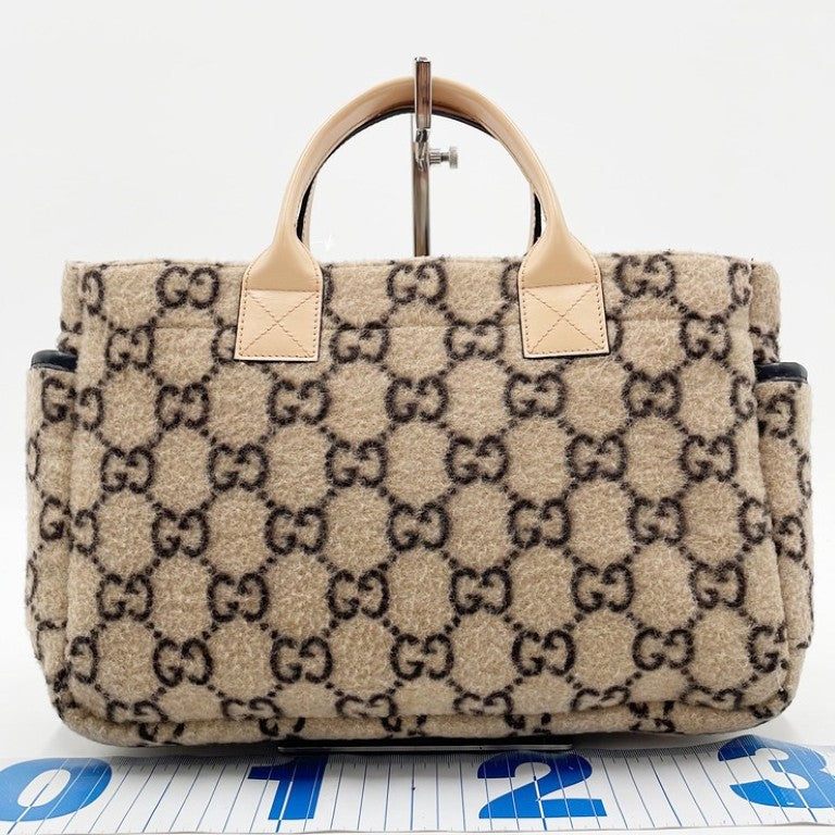 GUCCI グッチ ハンドバッグ 628159 ベージュ系 ウール レザー レディース 美品