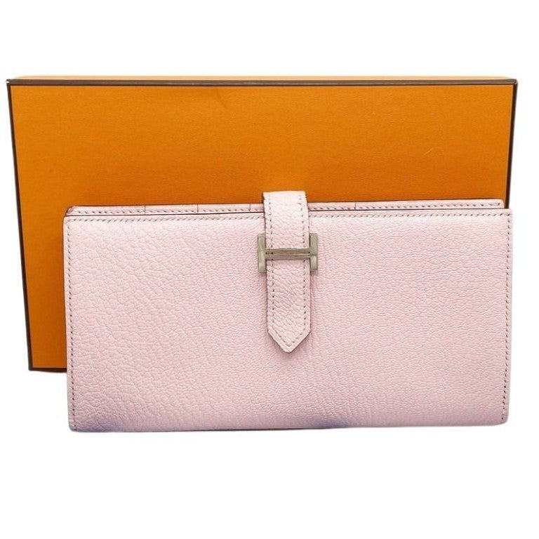 HERMES エルメス 長財布 ベアンスフレ ローズサクラ系 シェーブル レディース 二つ折り シルバー金具 美品