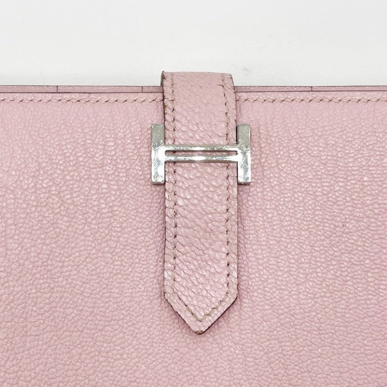 HERMES エルメス 長財布 ベアンスフレ ローズサクラ系 シェーブル レディース 二つ折り シルバー金具 美品