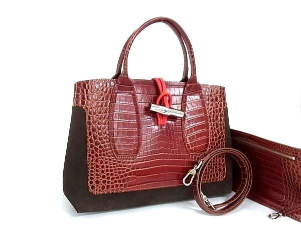 LONGCHAMP ロンシャン ハンドバッグ ロゾ ミディアム レッド系×ブラウン系 クロコダイル型押しレザー×スエード レディース 2WAY ショルダーバッグ ミックスレザー 美品