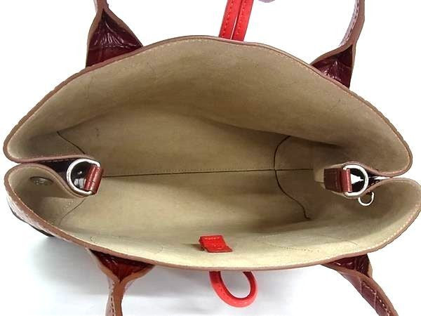 LONGCHAMP ロンシャン ハンドバッグ ロゾ ミディアム レッド系×ブラウン系 クロコダイル型押しレザー×スエード レディース 2WAY ショルダーバッグ ミックスレザー 美品