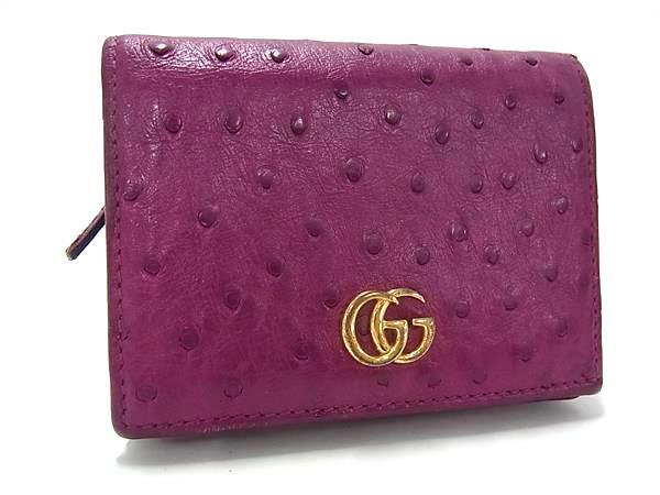 GUCCI グッチ 二つ折り財布 GGマーモント 156126 パープル系 オーストリッチ レディース ゴールド金具