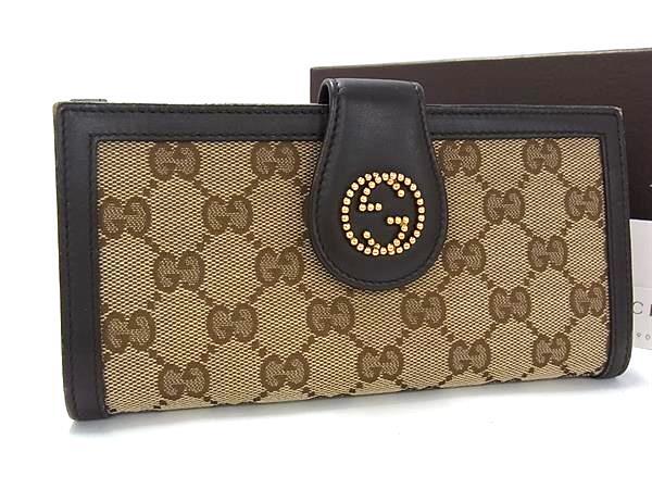 GUCCI グッチ 長財布 インターロッキングG 269970 ブラウン GGキャンバス レザー レディース Wホック スタッズ 二つ折り