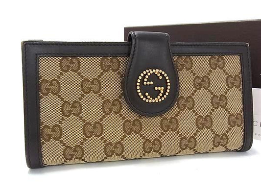 GUCCI グッチ 長財布 インターロッキングG 269970 ブラウン GGキャンバス レザー レディース Wホック スタッズ 二つ折り