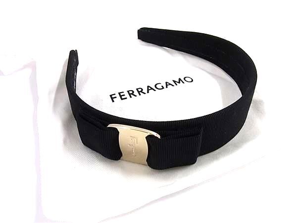 FERRAGAMO フェラガモ ヘアバンド ヴァラ リボン カチューシャ 344311 572738 ブラック コットン レーヨン レディース ゴールド金具 美品