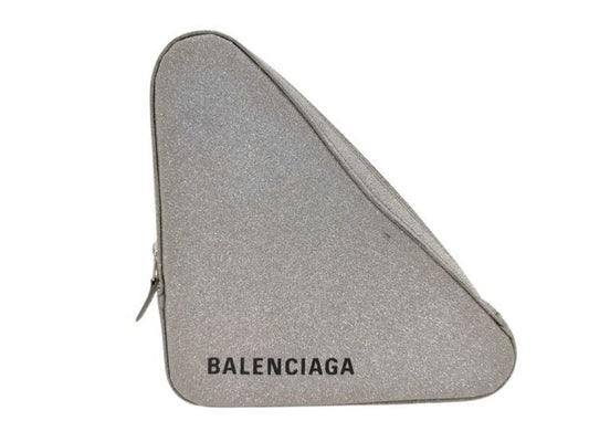 BALENCIAGA バレンシアガ クラッチバッグ トライアングル グリッター 476976 シルバー系 レザー レディース ラメ セカンドバッグ 美品
