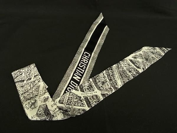 ChristianDior ディオール スカーフ プラン ドゥ パリ ミッツァ 32PAR106I600 ホワイト ブラック系 シルク100% レディース リボンスカーフ 美品
