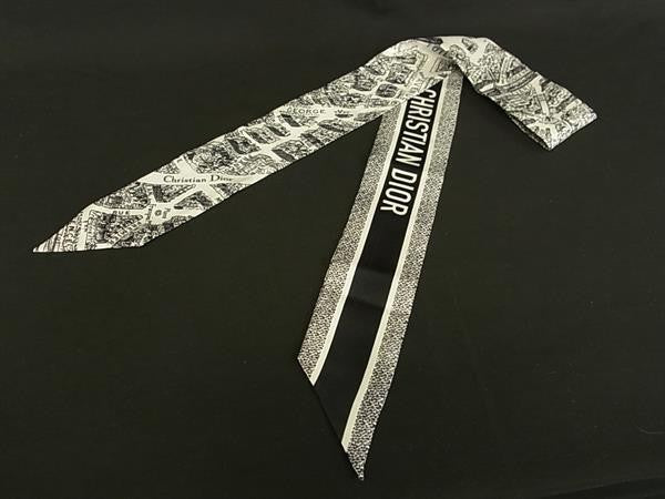 ChristianDior ディオール スカーフ プラン ドゥ パリ ミッツァ 32PAR106I600 ホワイト ブラック系 シルク100% レディース リボンスカーフ 美品