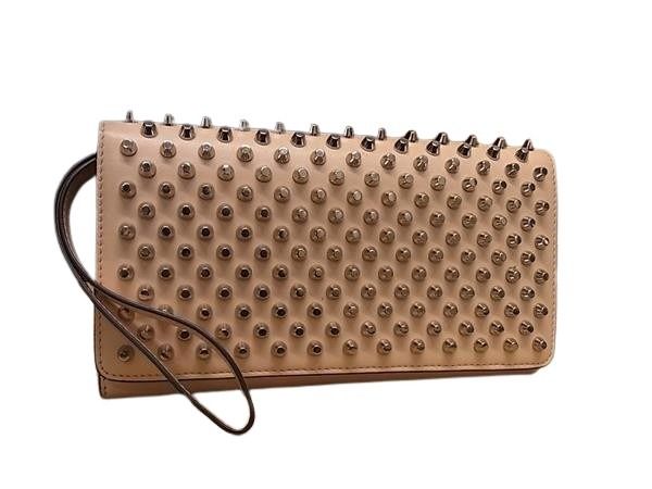 Christian Louboutin クリスチャンルブタン 長財布 マカロン ウォレット 1175108 POUDRE系 カーフレザー レディース リストレット スタッズ シルバー金具 美品