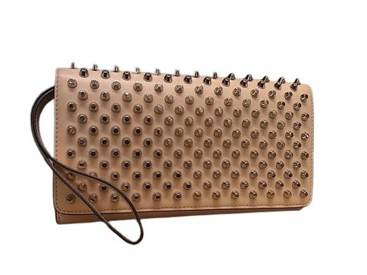 Christian Louboutin クリスチャンルブタン 長財布 マカロン ウォレット 1175108 POUDRE系 カーフレザー レディース リストレット スタッズ シルバー金具 美品