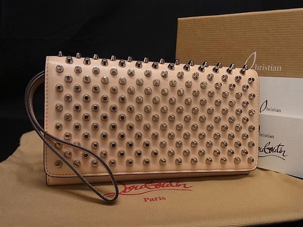 Christian Louboutin クリスチャンルブタン 長財布 マカロン ウォレット 1175108 POUDRE系 カーフレザー レディース リストレット スタッズ シルバー金具 美品