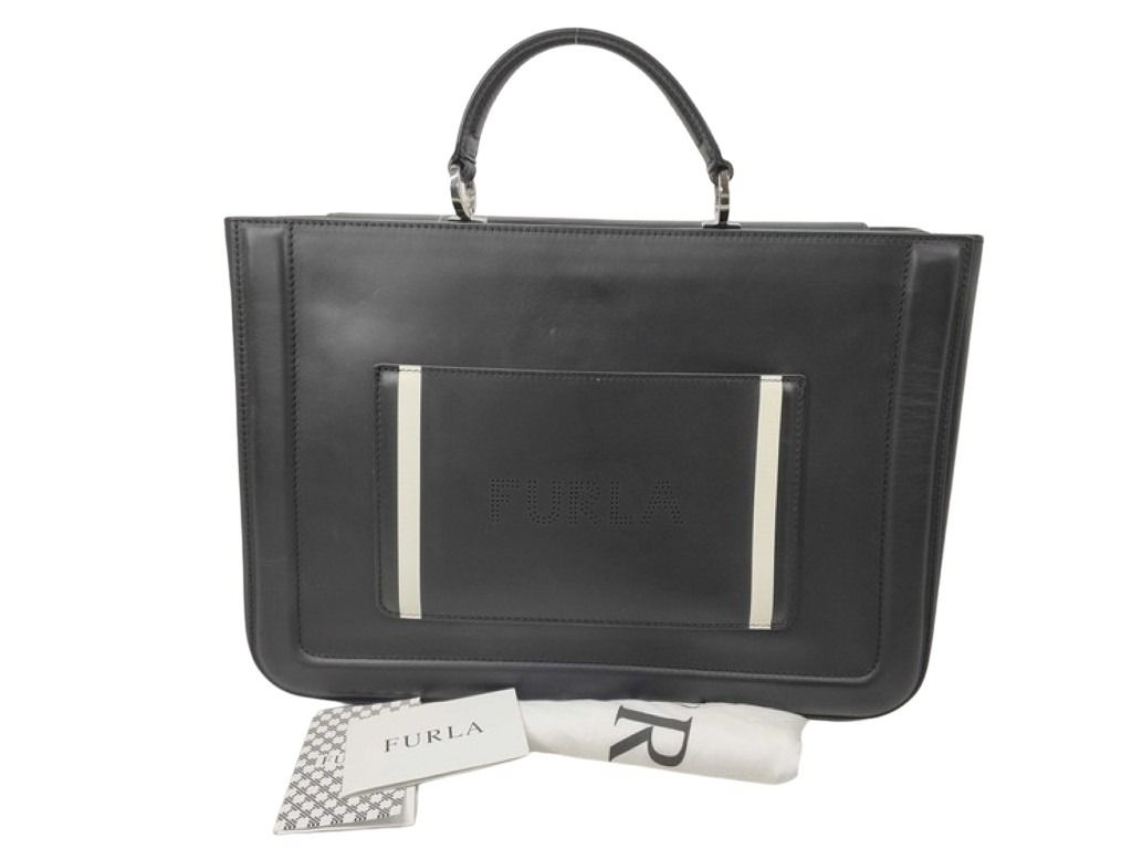 FURLA フルラ ハンドバッグ Reale L レアーレ ブラック系 レザー レディース パンチングロゴ 美品