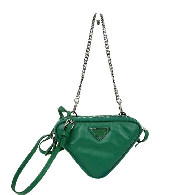 PRADA プラダ ショルダーバッグ トライアングルミニ 1NR015 グリーン系 レザー レディース チェーン シルバー金具 美品