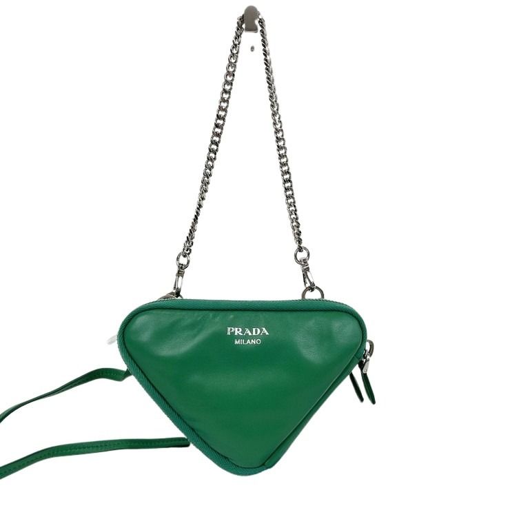 PRADA プラダ ショルダーバッグ トライアングルミニ 1NR015 グリーン系 レザー レディース チェーン シルバー金具 美品