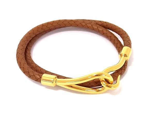HERMES エルメス チョーカー ジャンボ ブラウン レザー メタル ユニセックス 編み込み ゴールド金具 2連 ブレスレット 美品