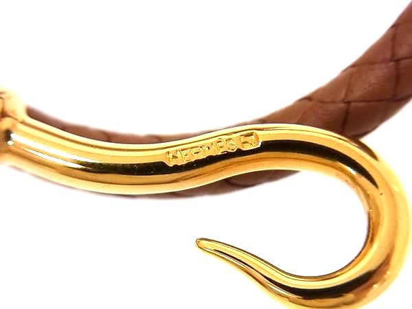 HERMES エルメス チョーカー ジャンボ ブラウン レザー メタル ユニセックス 編み込み ゴールド金具 2連 ブレスレット 美品