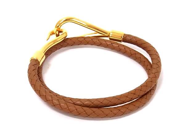 HERMES エルメス チョーカー ジャンボ ブラウン レザー メタル ユニセックス 編み込み ゴールド金具 2連 ブレスレット 美品