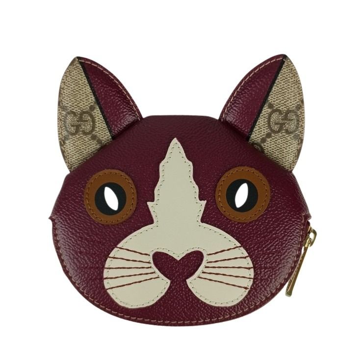 GUCCI グッチ コインケース GGスプリーム ズー キャット シェイプ 818766 ボルドー ベージュ PVC レザー レディース ゴールド金具 新古未使用展示品