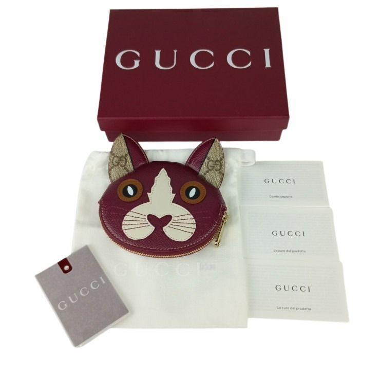 GUCCI グッチ コインケース GGスプリーム ズー キャット シェイプ 818766 ボルドー ベージュ PVC レザー レディース ゴールド金具 新古未使用展示品