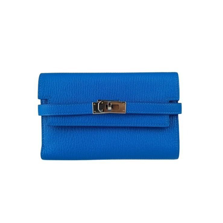 HERMES エルメス 財布/コインケース ケリー デプリアン ミディアムウォレット ブルー シェーブル レディース 三つ折り 長財布 シルバー金具 超美品