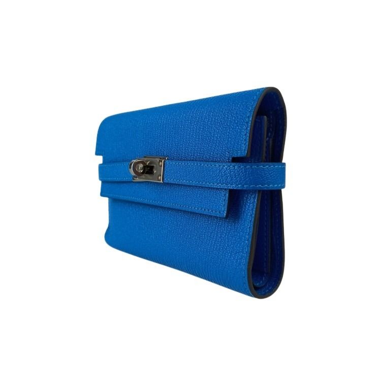 HERMES エルメス 財布/コインケース ケリー デプリアン ミディアムウォレット ブルー シェーブル レディース 三つ折り 長財布 シルバー金具 超美品