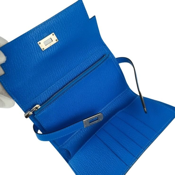HERMES エルメス 財布/コインケース ケリー デプリアン ミディアムウォレット ブルー シェーブル レディース 三つ折り 長財布 シルバー金具 超美品