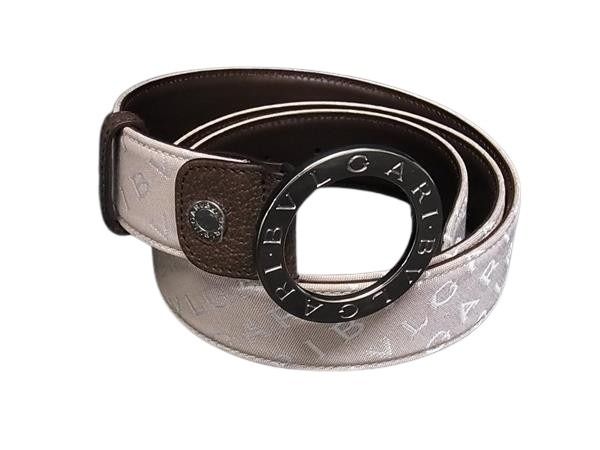 BVLGARI ブルガリ ベルト ロゴマニア ベージュ系 ブラウン系 キャンバス×レザー ユニセックス シルバー金具 美品