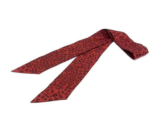 HERMES エルメス リボンスカーフ ツイリー ブラウン系×ブラック系 シルク100% レディース ロゴ アルファベット 総柄 超美品