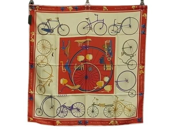 GUCCI グッチ スカーフ レッド系×マルチカラー シルク100% レディース 大判 自転車柄 超美品