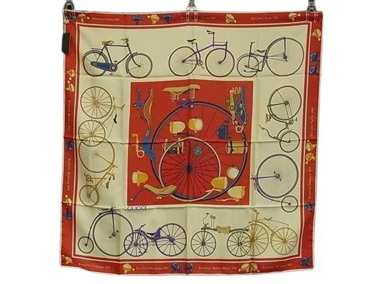 GUCCI グッチ スカーフ レッド系×マルチカラー シルク100% レディース 大判 自転車柄 超美品