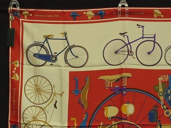 GUCCI グッチ スカーフ レッド系×マルチカラー シルク100% レディース 大判 自転車柄 超美品