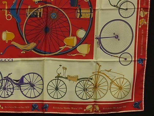 GUCCI グッチ スカーフ レッド系×マルチカラー シルク100% レディース 大判 自転車柄 超美品