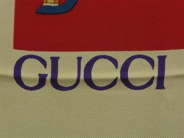 GUCCI グッチ スカーフ レッド系×マルチカラー シルク100% レディース 大判 自転車柄 超美品