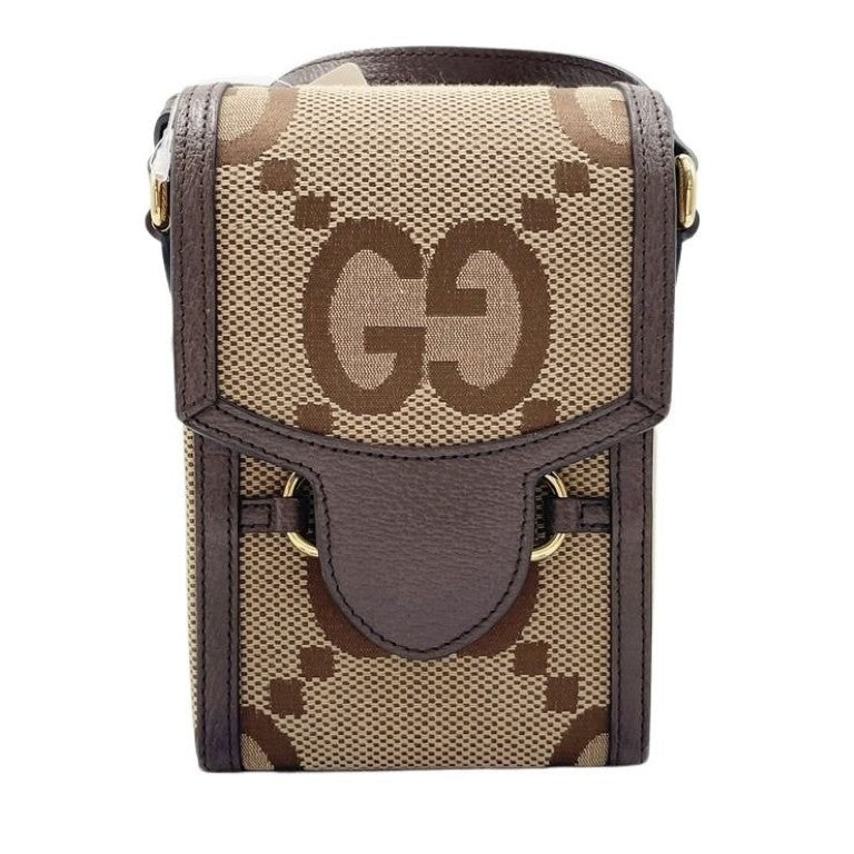 GUCCI グッチ ショルダーバッグ ジャンボGG 625615 ブラウン ベージュ系 キャンバス レザー ユニセックス ホースビット ゴールド金具 美品