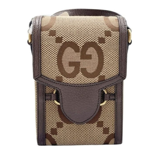 GUCCI グッチ ショルダーバッグ ジャンボGG 625615 ブラウン ベージュ系 キャンバス レザー ユニセックス ホースビット ゴールド金具 美品