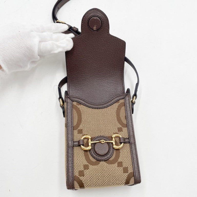 GUCCI グッチ ショルダーバッグ ジャンボGG 625615 ブラウン ベージュ系 キャンバス レザー ユニセックス ホースビット ゴールド金具 美品