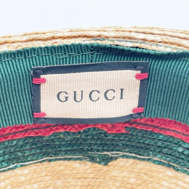 GUCCI グッチ ハット ウェブストライプ 434760 ナチュラル レッド グリーン系 ストロー ユニセックス ストローハット 超美品