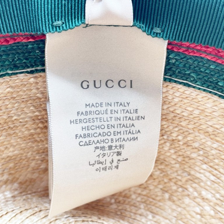 GUCCI グッチ ハット ウェブストライプ 434760 ナチュラル レッド グリーン系 ストロー ユニセックス ストローハット 超美品