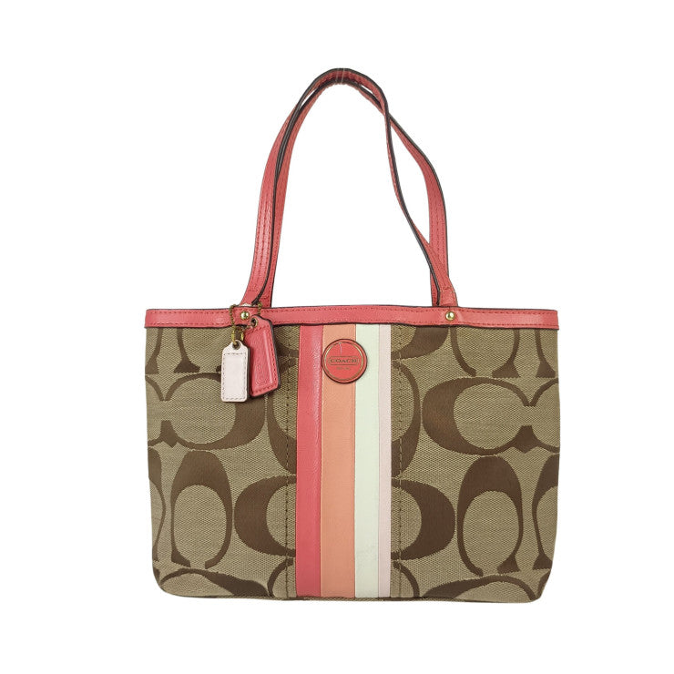 COACH コーチ ハンドバッグ シグネチャー ストライプ ミニトート F49315 ベージュ系 ピンク系 キャンバス レザー レディース ゴールド金具