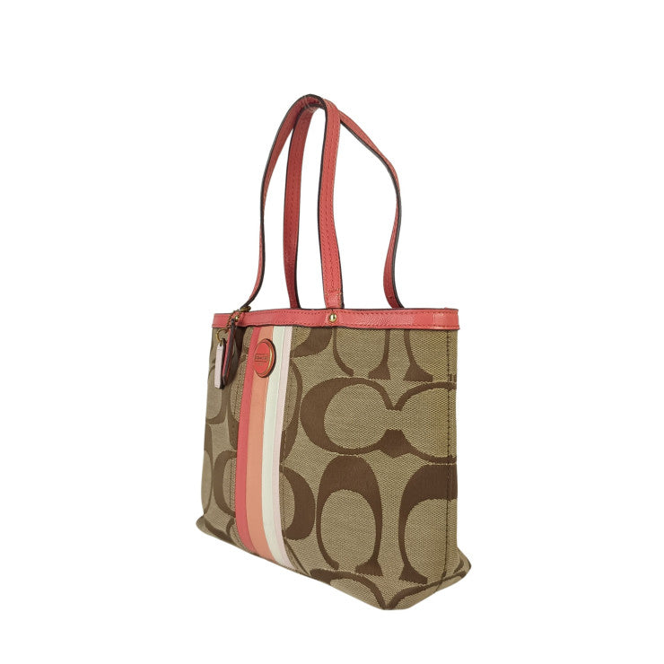 COACH コーチ ハンドバッグ シグネチャー ストライプ ミニトート F49315 ベージュ系 ピンク系 キャンバス レザー レディース ゴールド金具