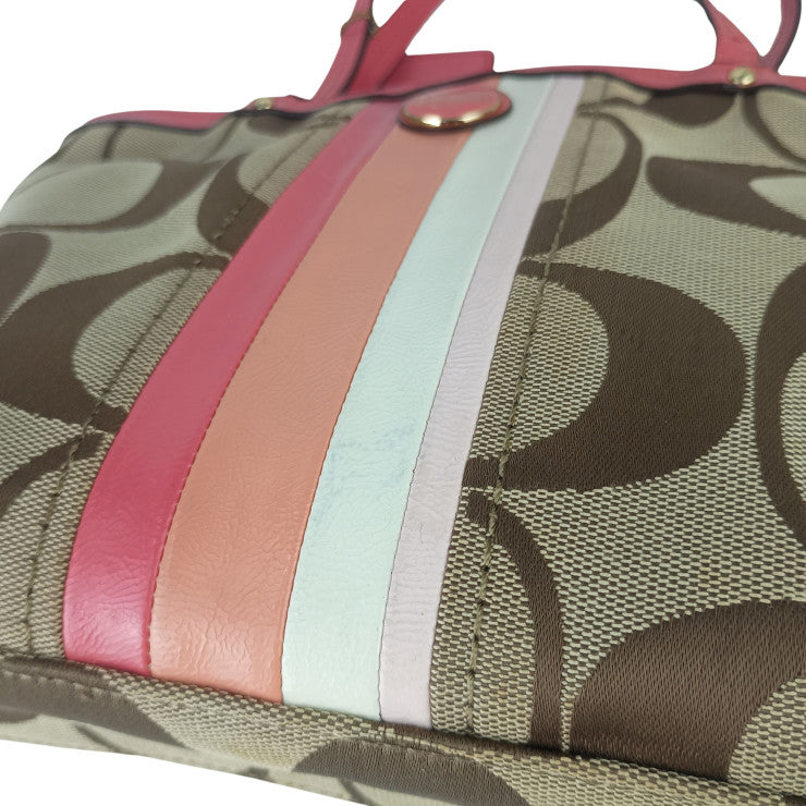 COACH コーチ ハンドバッグ シグネチャー ストライプ ミニトート F49315 ベージュ系 ピンク系 キャンバス レザー レディース ゴールド金具